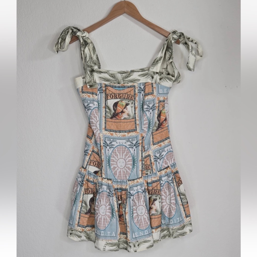 Agua Bendita Cream, Blue & Orange Postcard Print Tie-Strap Mini Dress